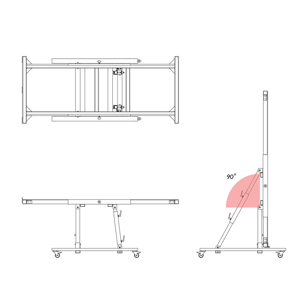 Technical diagram of a adjustable stand with a 90-degree angle