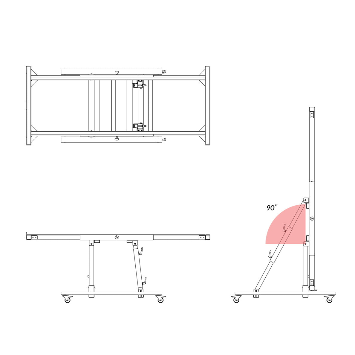 Technical diagram of a adjustable stand with a 90-degree angle