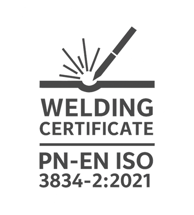 Welding certificate logo with text 'Welding Certificate PN-EN ISO 3834-2:2021'
