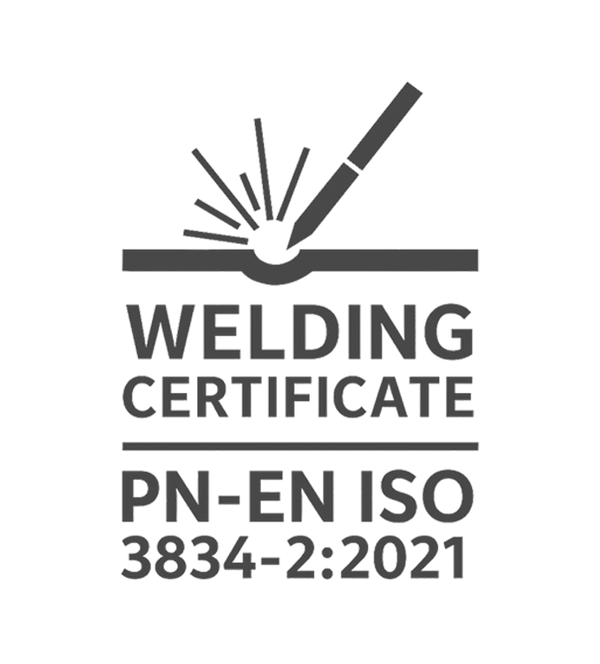 Welding certificate logo with text 'Welding Certificate PN-EN ISO 3834-2:2021'