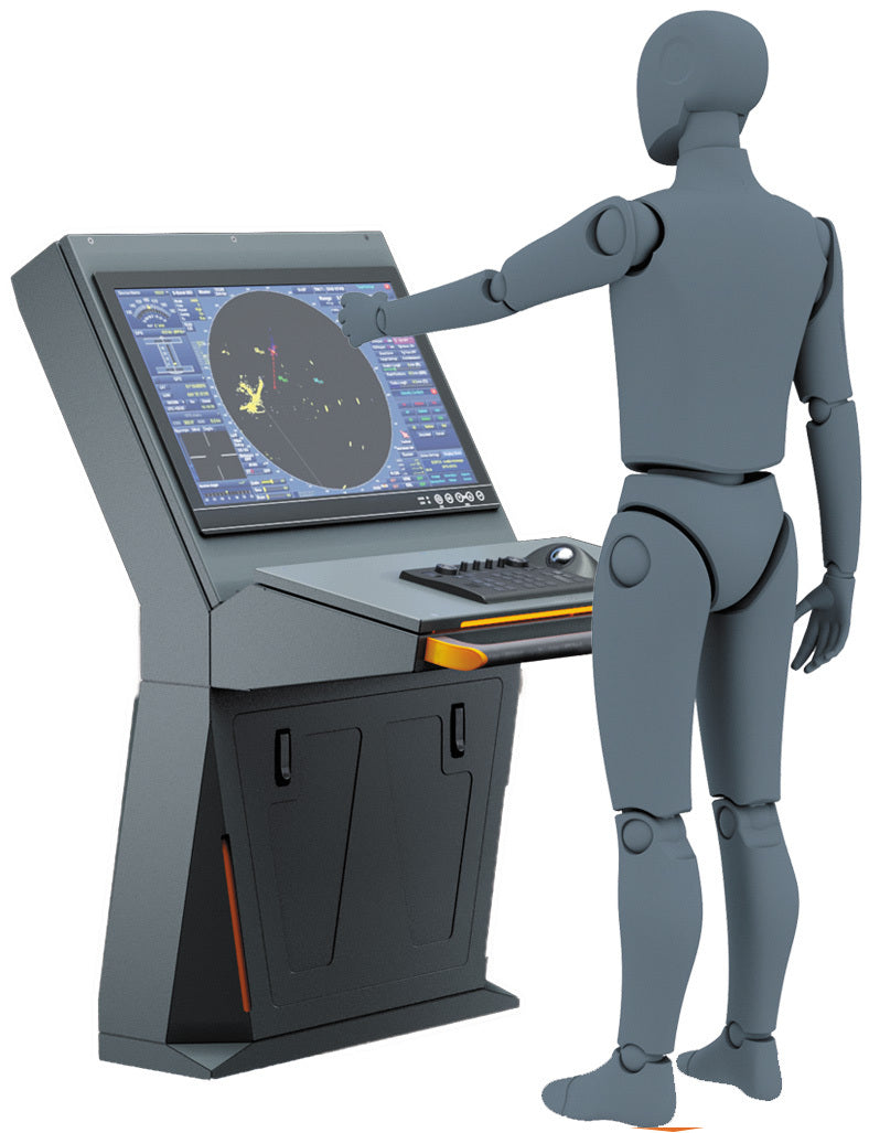 Gray humanoid figure interacting with a control panel 