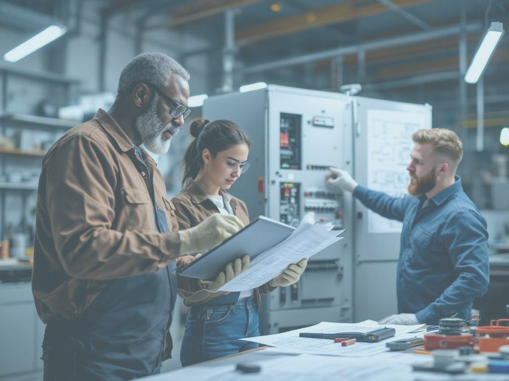 Three engineers working together in a factory setting, examining blueprints and discussing.