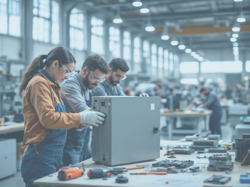 Two workers in a factory setting examining a large electrical enclosure.