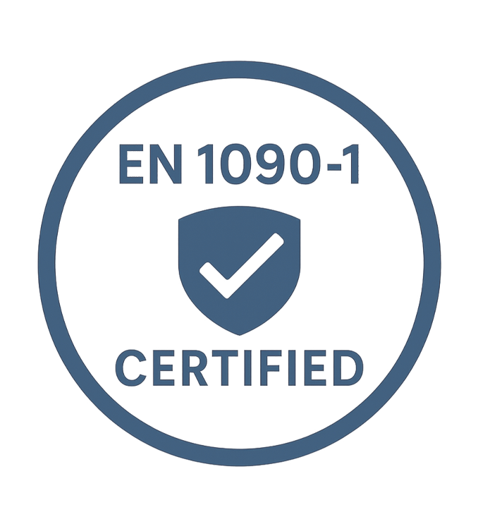 EN 1090-1 certification logo with a shield and check mark on a white background