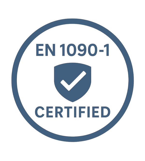 EN 1090-1 certification logo with a shield and check mark on a white background