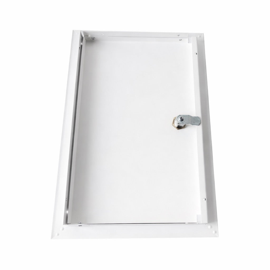 Metallic rectangular panel with a lock on a white background