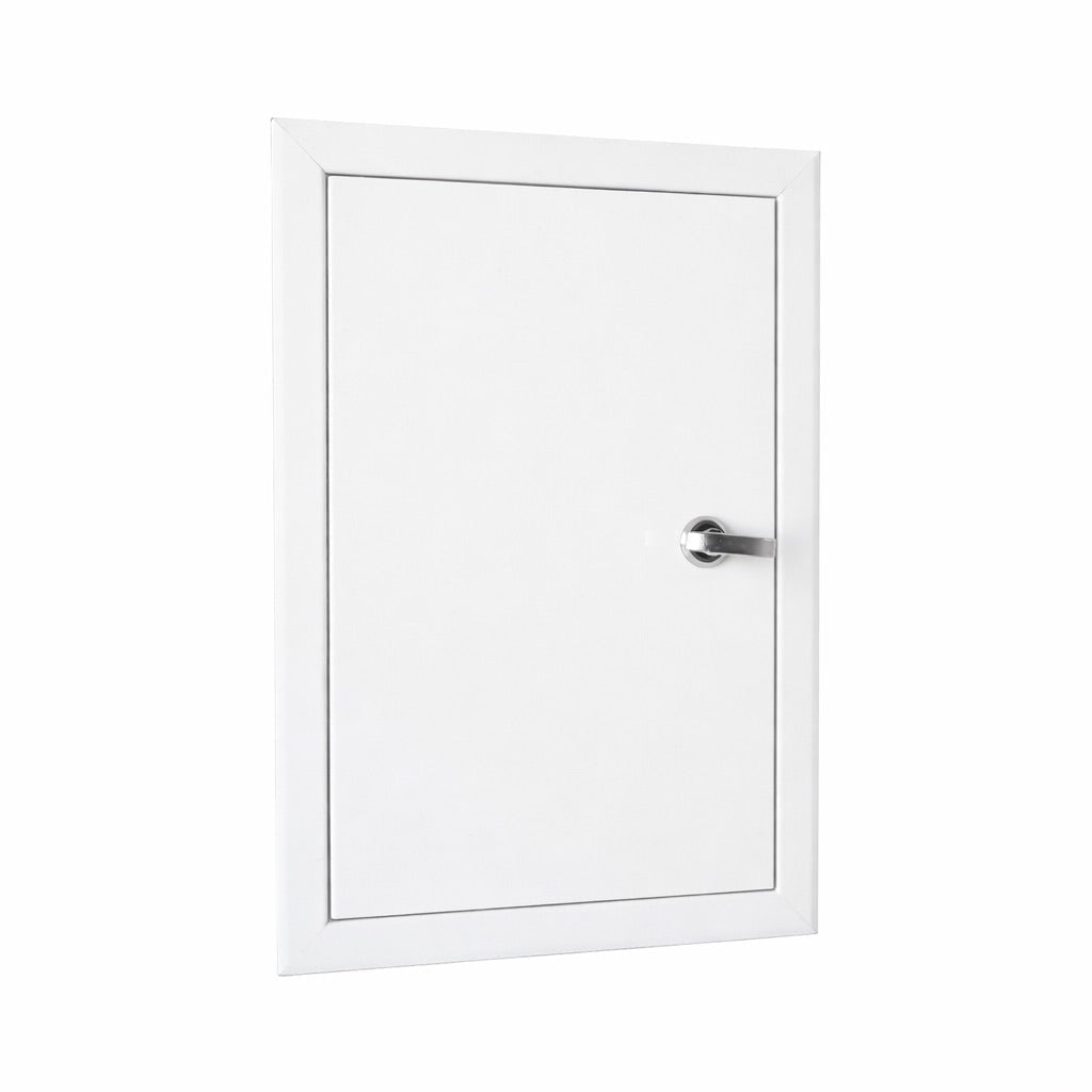 White cabinet door with a silver handle on a white background