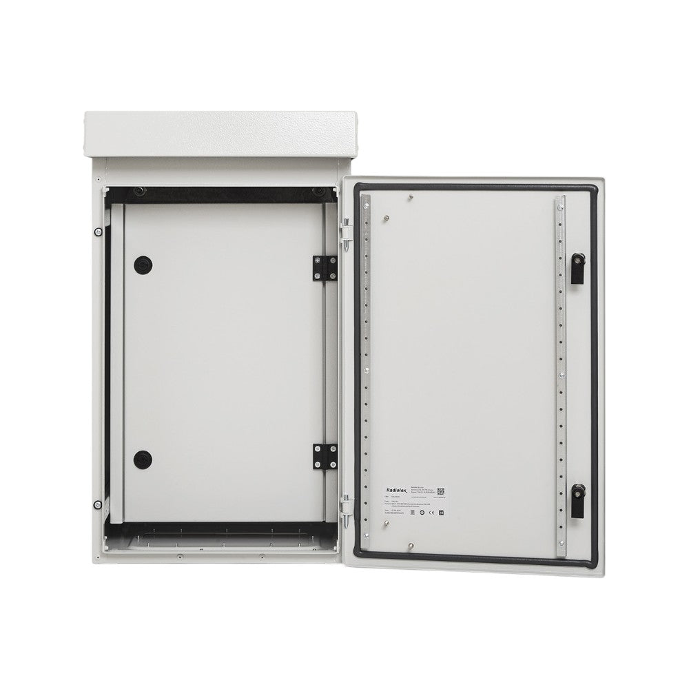 White electrical enclosure with open door on a white background