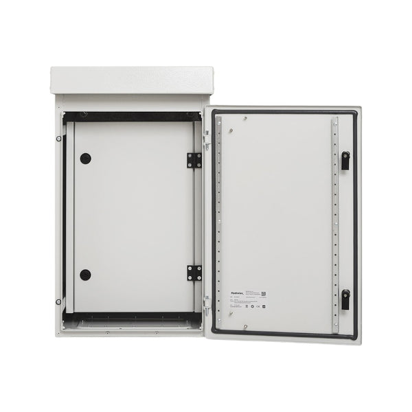 White electrical enclosure with open door on a white background