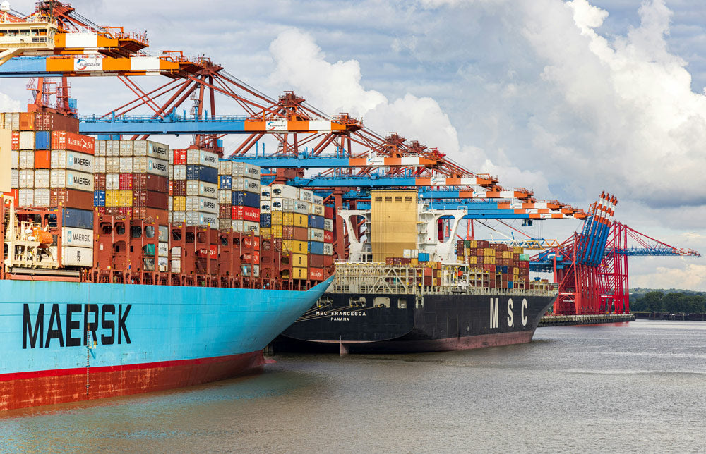 Two cargo ships docked at a port with cranes and containers in the background.